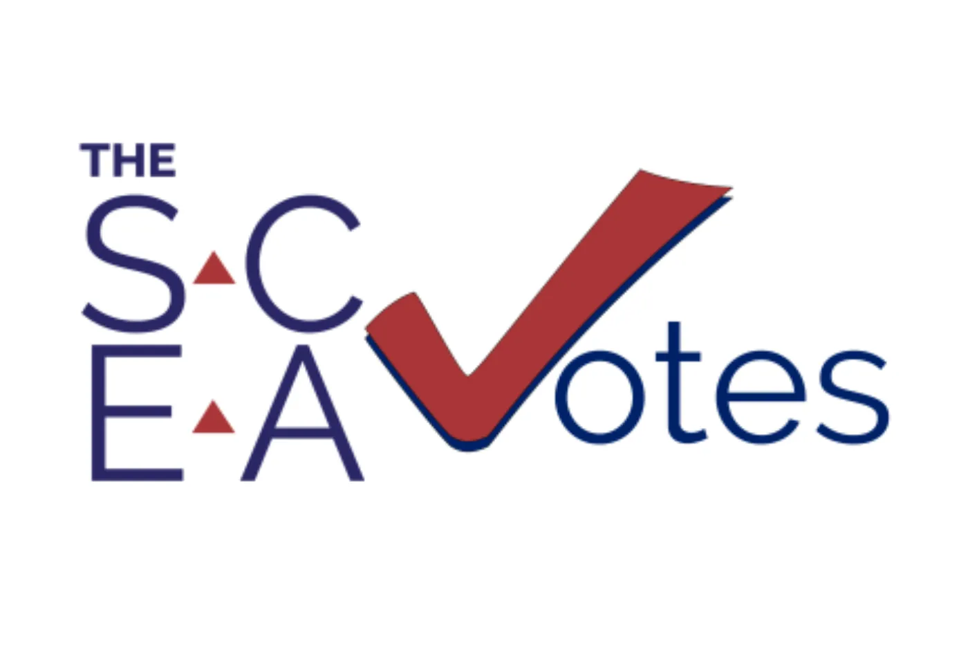 A graphic with sans serif blue and red text that read "The SCEA Votes." The "V" in "votes" looks like a checkmark on a ballot.