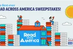 Text: The first ever Read Across America Sweepstakes; image: Children sit atop piles of books reading, The SCEA logo, NEA logo