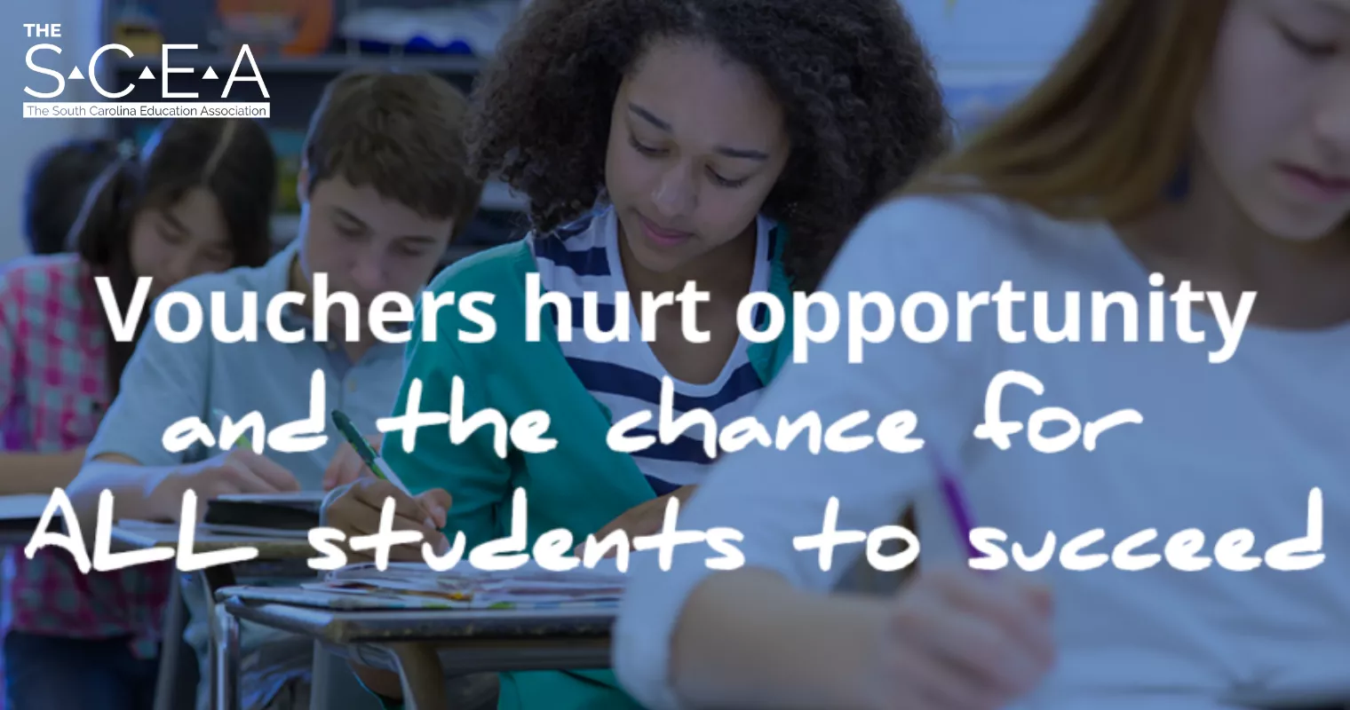 children sit at desks working, over the image, text reads "Vouchers hurt opportunity and the chance for ALL students to succeed."