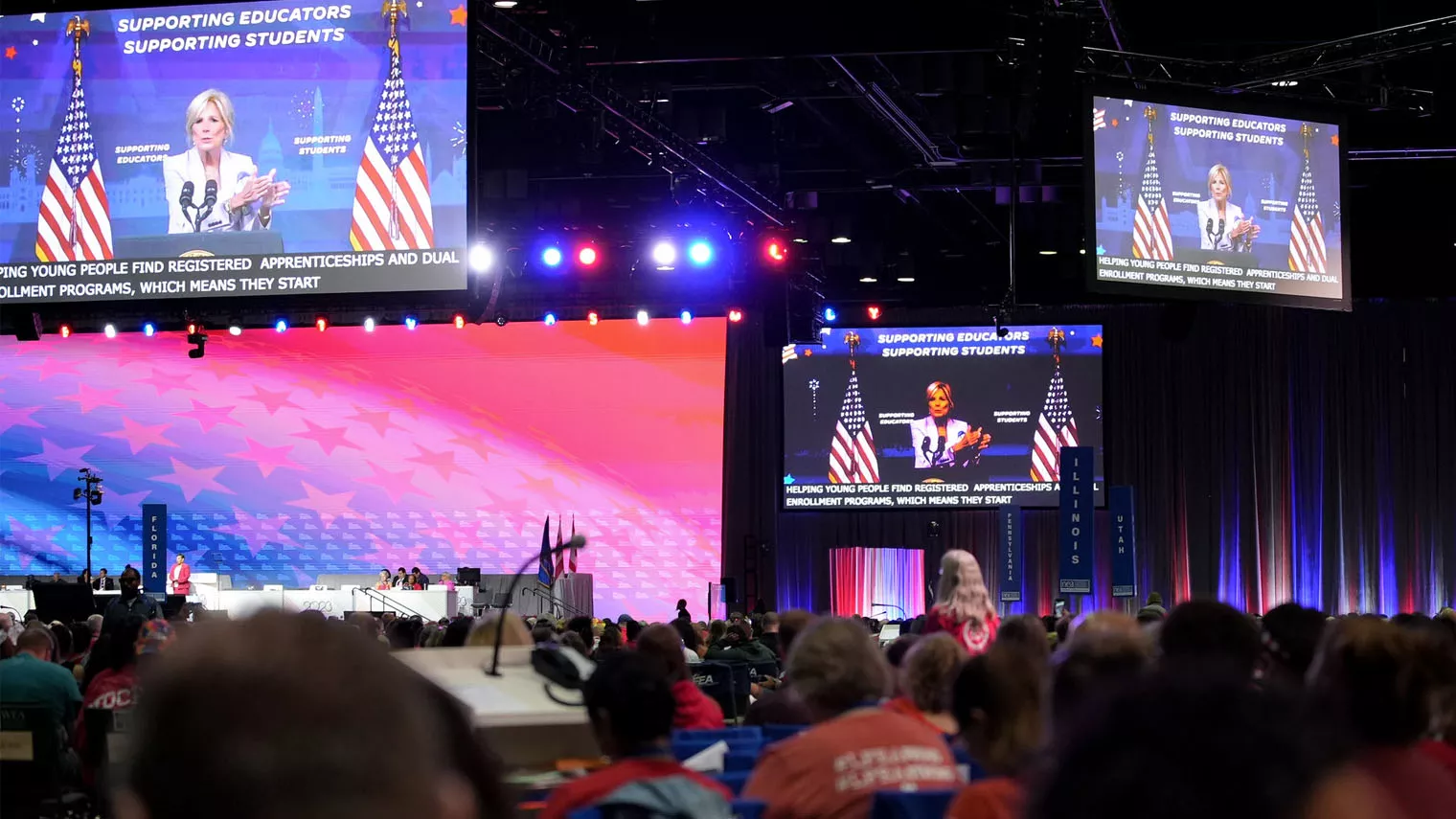 First Lady Jill Biden addresses the 2023 NEA RA delegation
