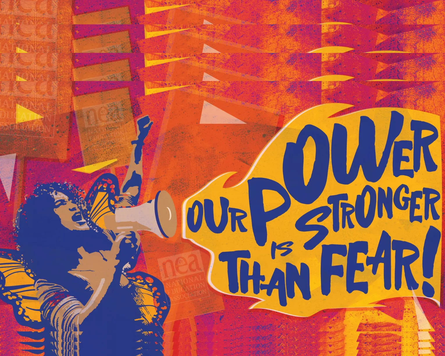 An illustration of a girl with butterfly wings and a bullhorn. She has a speech bubble that says, "Our power is stronger than fear!