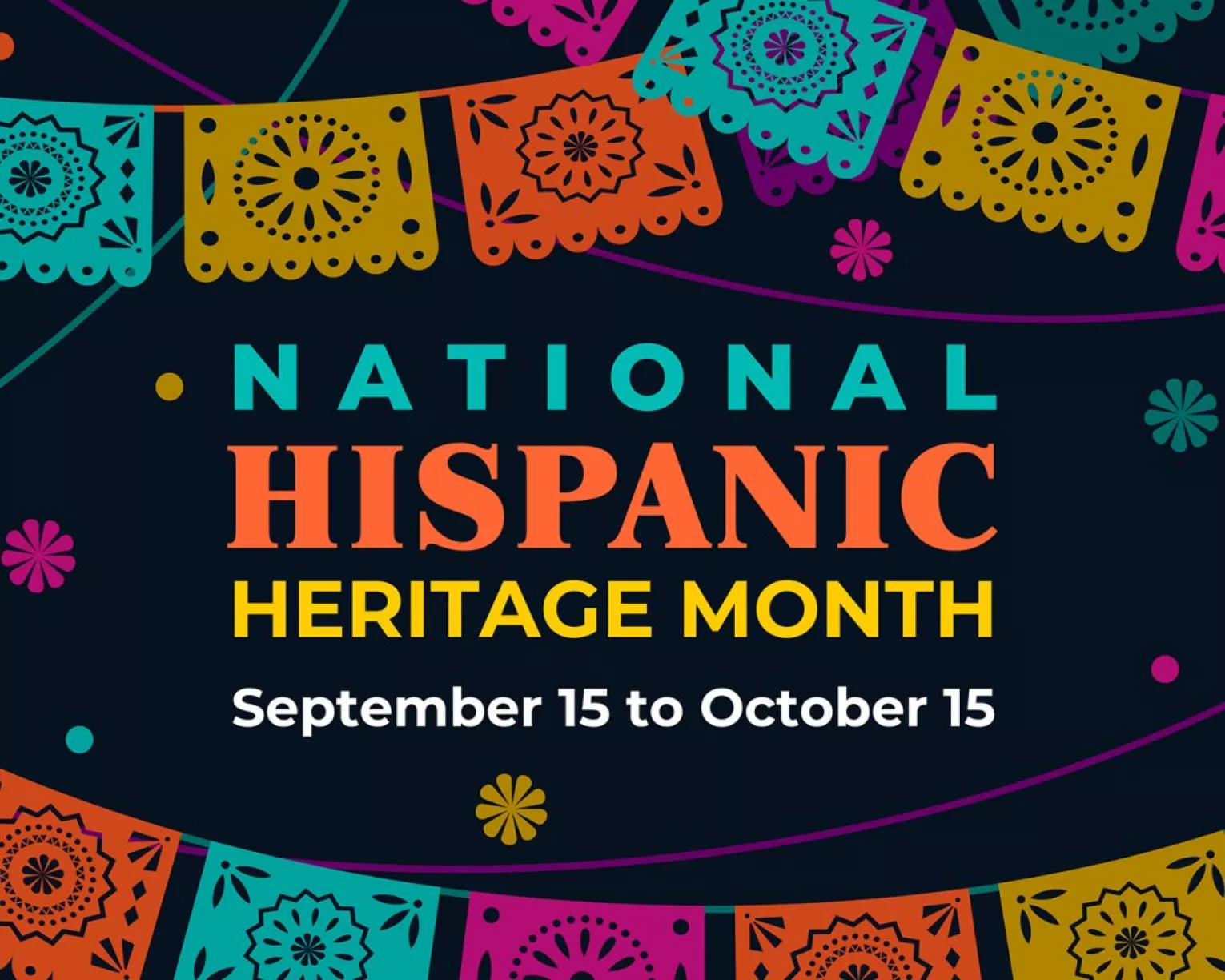 Graphic that says "National Hispanic Heritage Month September 15 to October 15" on a black background with banners and starbursts in teal, orange, yellow, and hot pink.