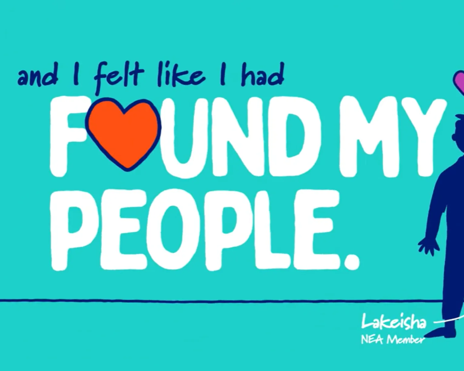 Cartoon with three figures and hearts with written copy: "and I found like I had found my people."