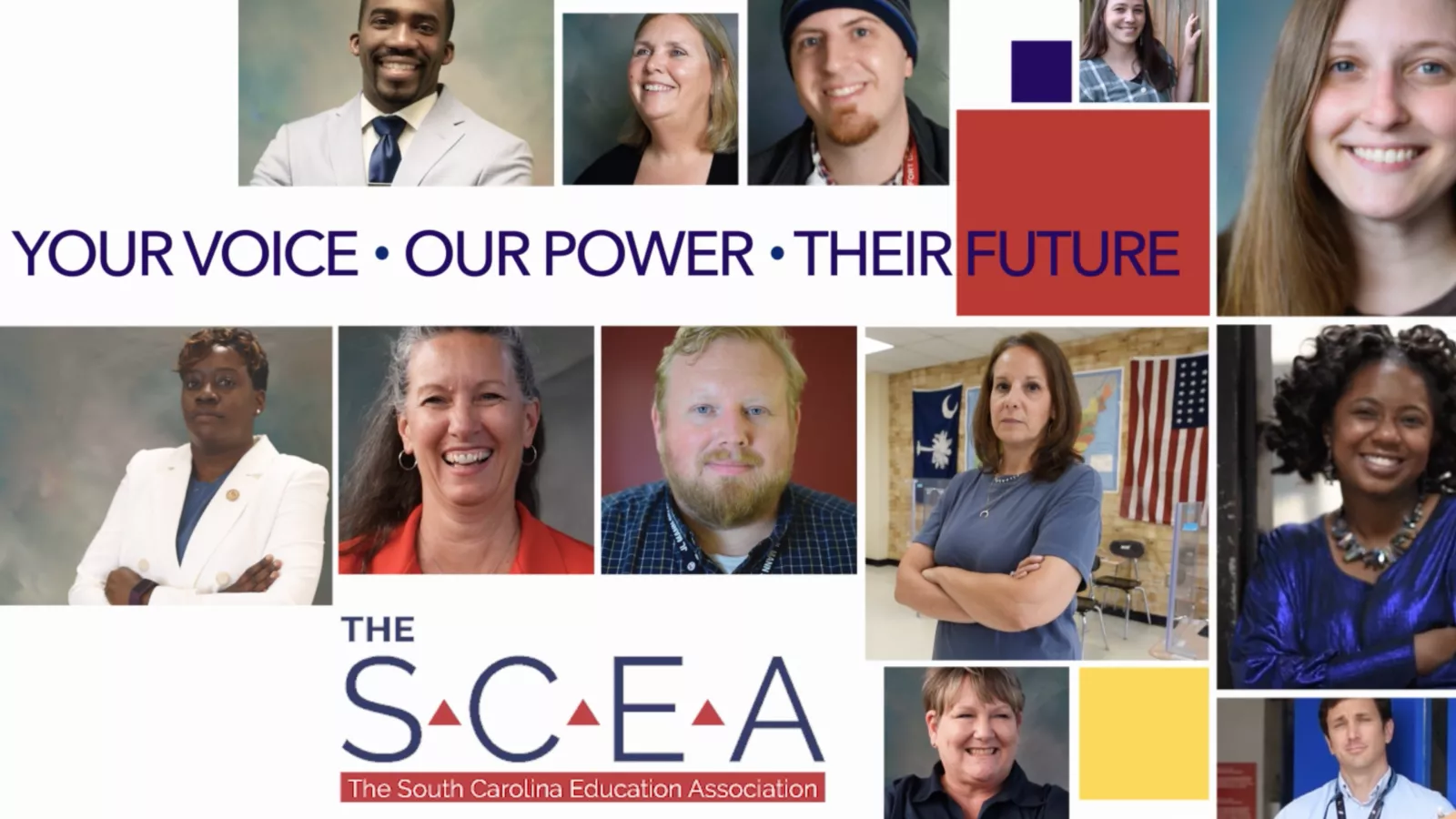 The text "Your voice. Our power. Their future." appears over blocks that have the faces of many people of several races and across generations. The SCEA logo is at the bottom.