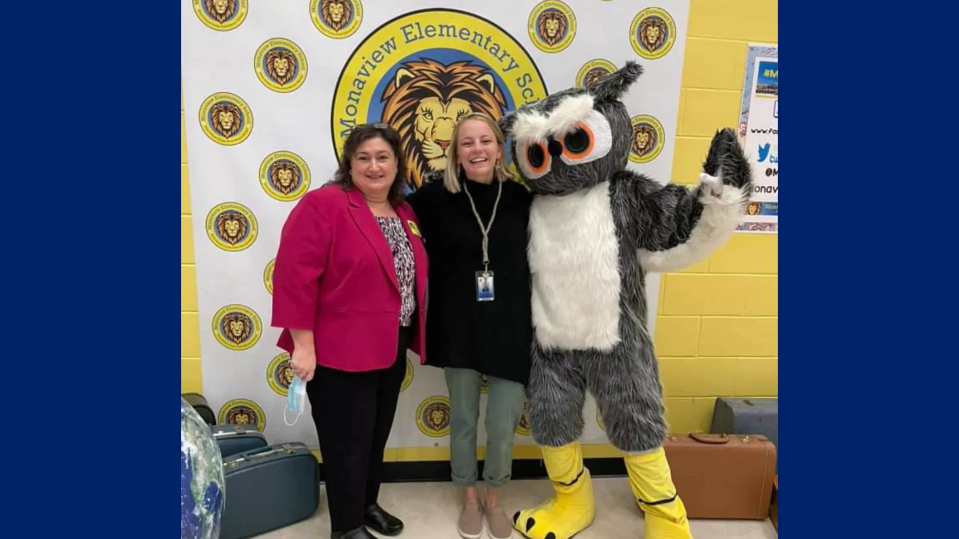 The SCEA President Sherry East poses with winner Mrs. Holub-Ward and Ollie the Owl.