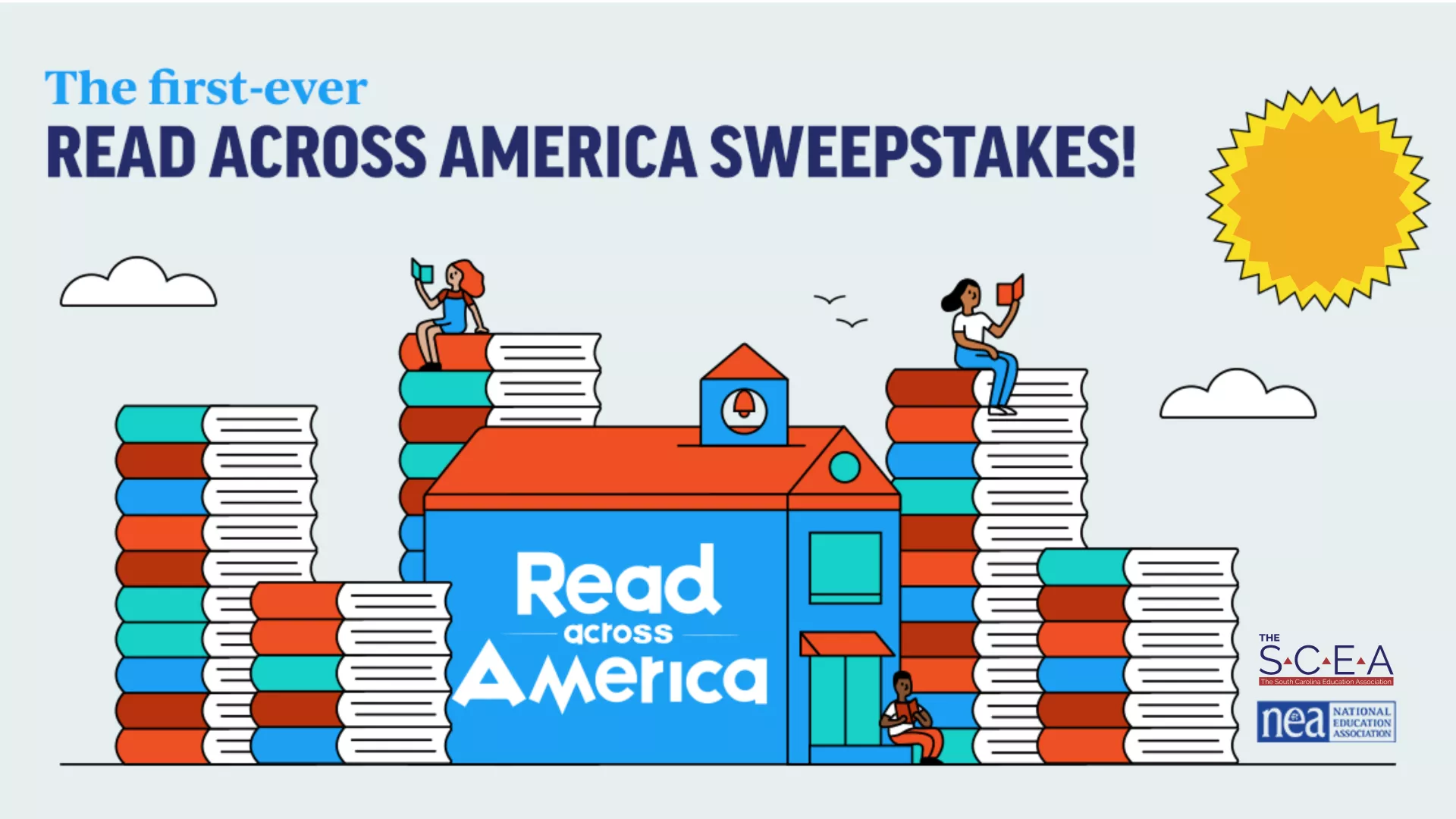 Text: The first ever Read Across America Sweepstakes; image: Children sit atop piles of books reading, The SCEA logo, NEA logo