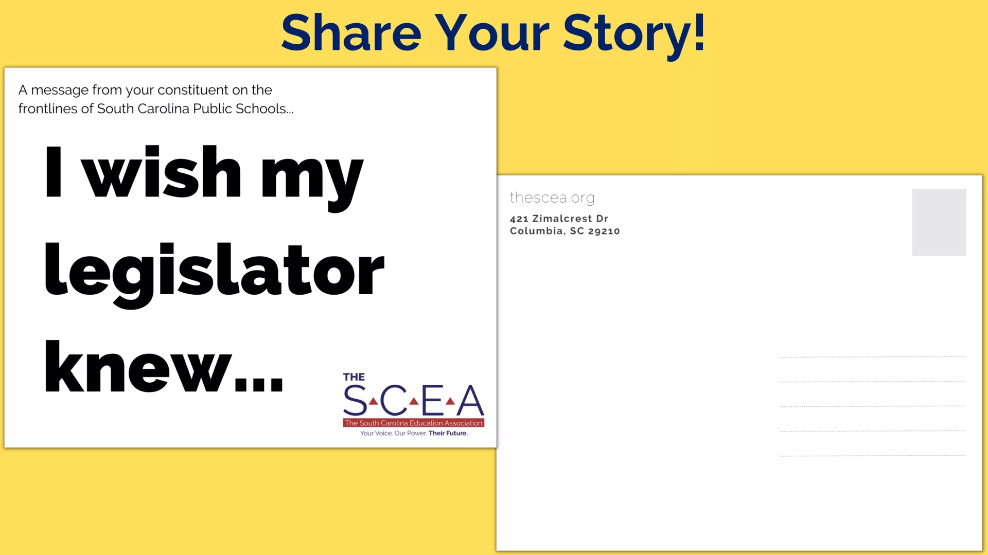Picture says "Share your story" and shows an image of the front of a post card that says "I wish my legislator knew" and the blank back side of a postcard.