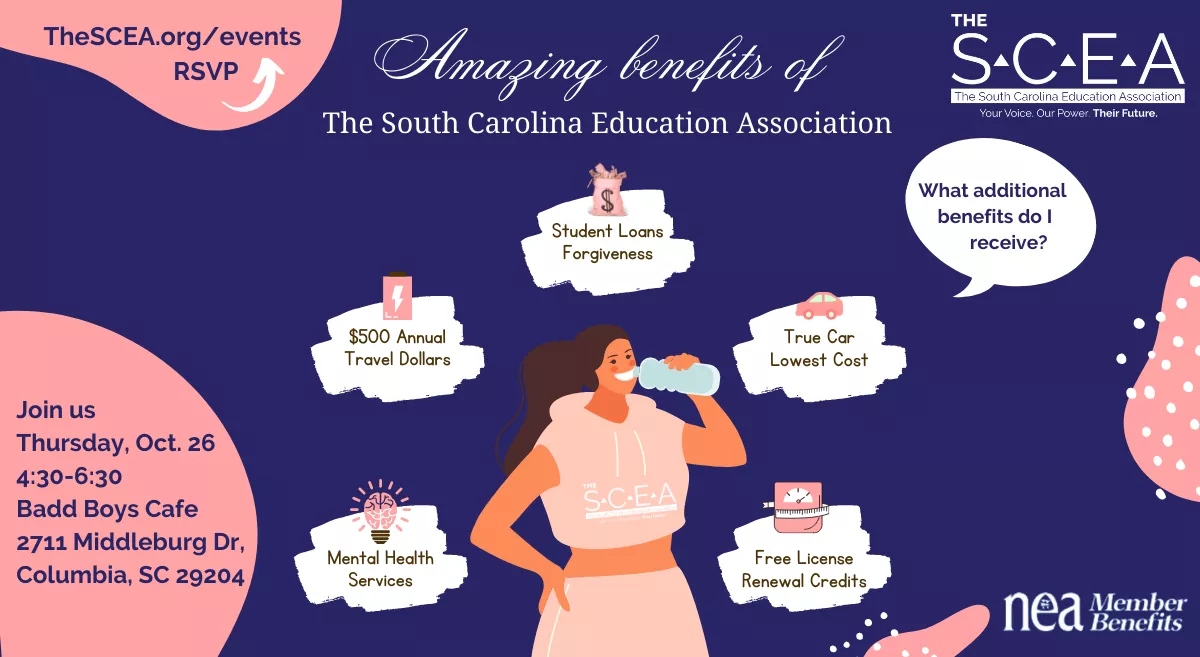 An image of a woman with notes about member benefits around her.