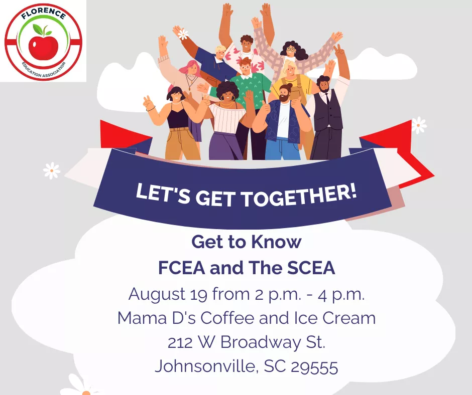 group of people behind a banner that says 'let's get together' with event details