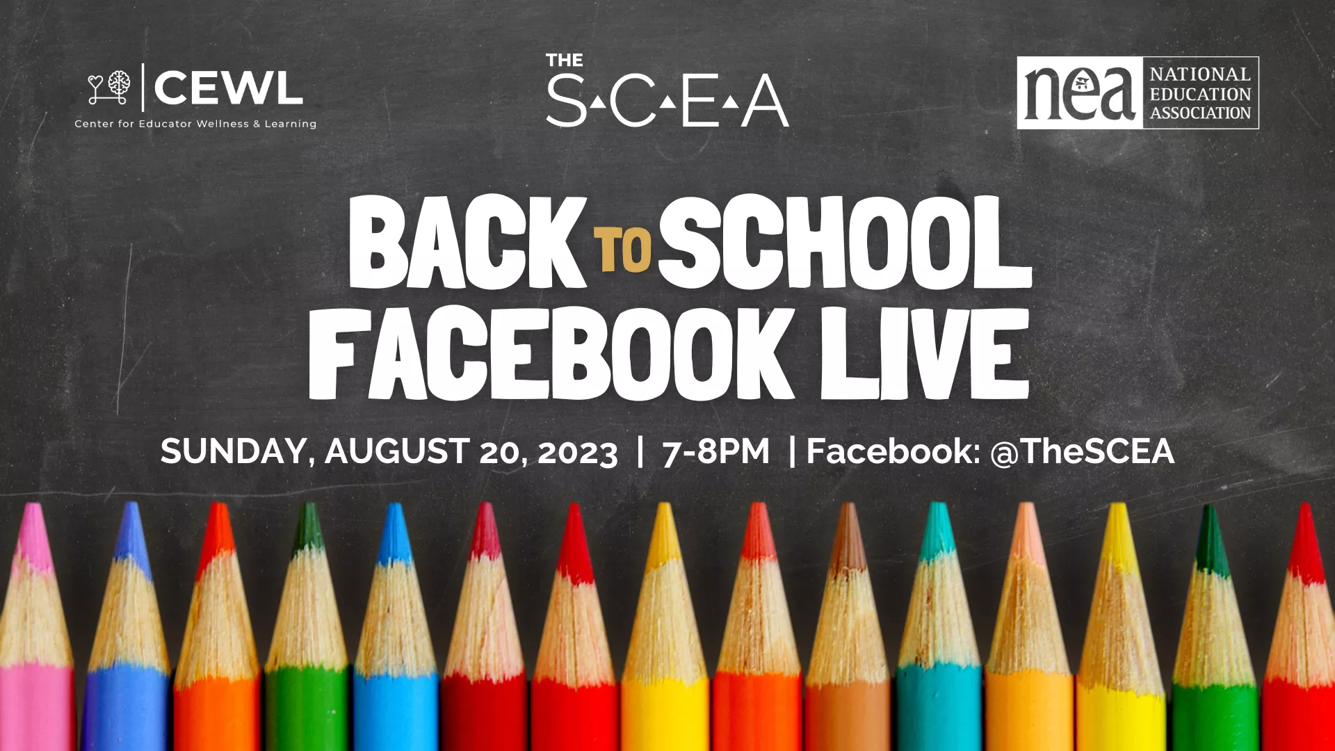 colored pencils on a chalkboard with The SCEA, CEWL, NEA logos and event info