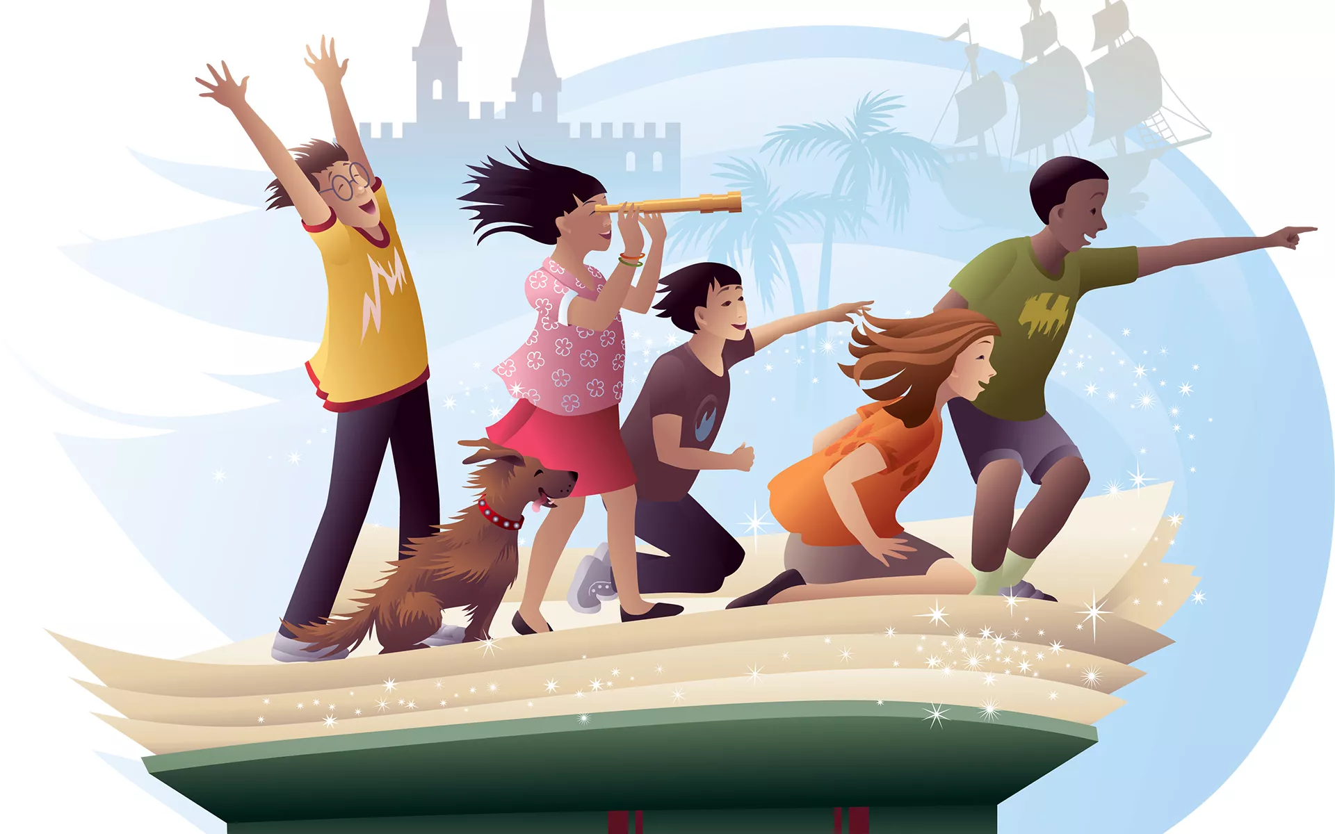 Illustration of 5 kids and one dog sailing through the air on a large open book