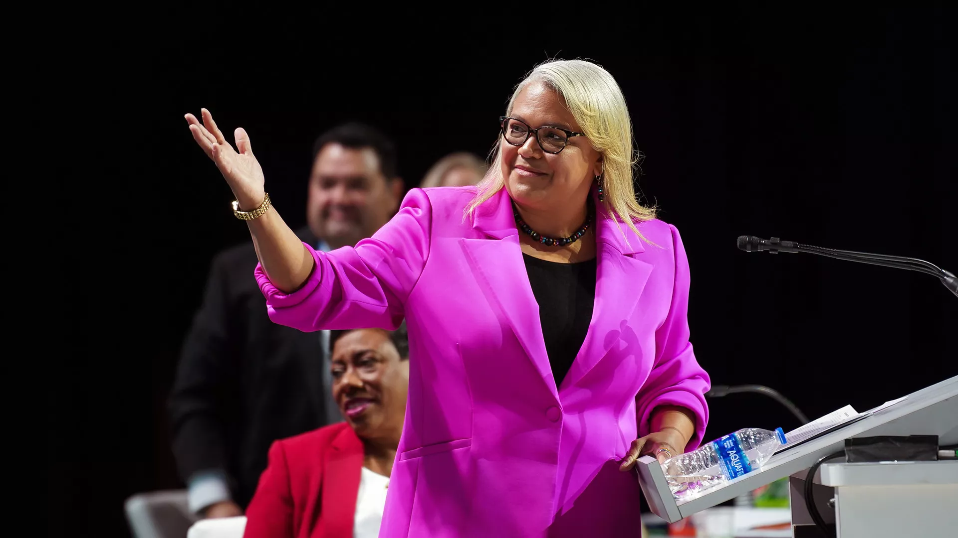 NEA Executive Director Kim Anderson addresses delegates at the 2023 NEA RA in Orlando