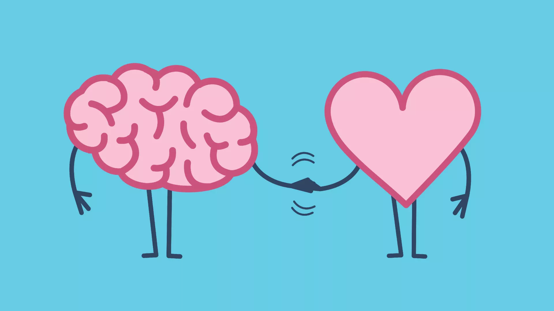 Illustration of the brain and heart shaking hands.