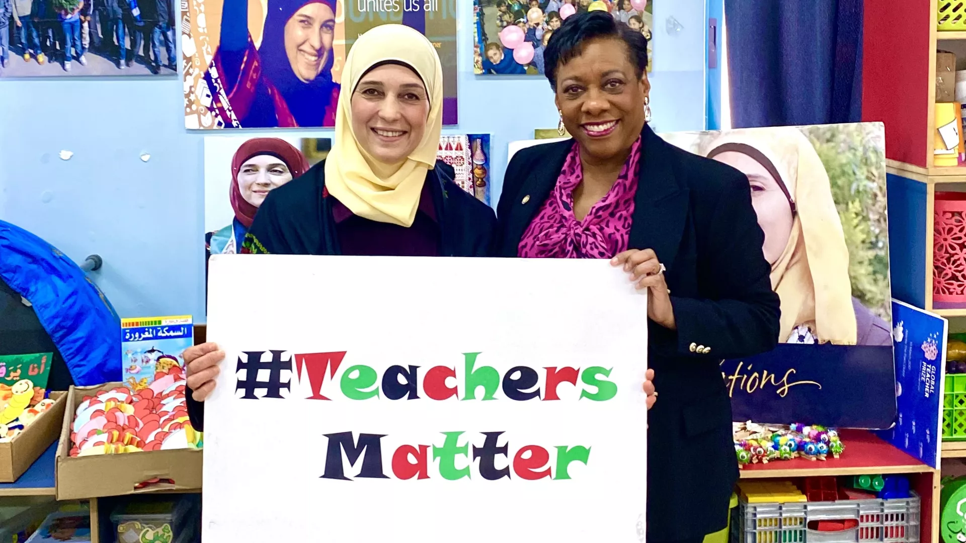 NEA President Becky Pringle meets Hanan Al Hroub, a GUPT member and the second winner of the Varkey Foundation Global Teacher Prize