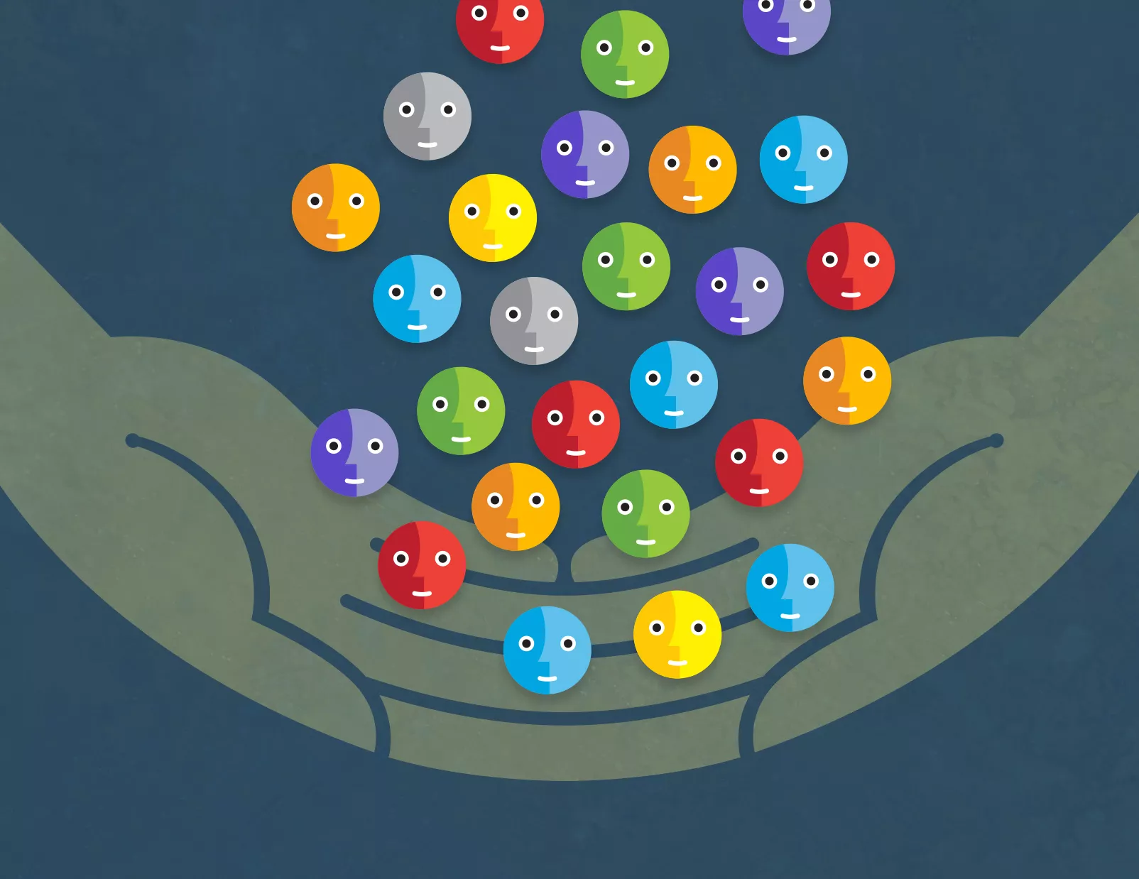 Illustration of entwined hands with a dozen multi-colored, emoji-style faces 
