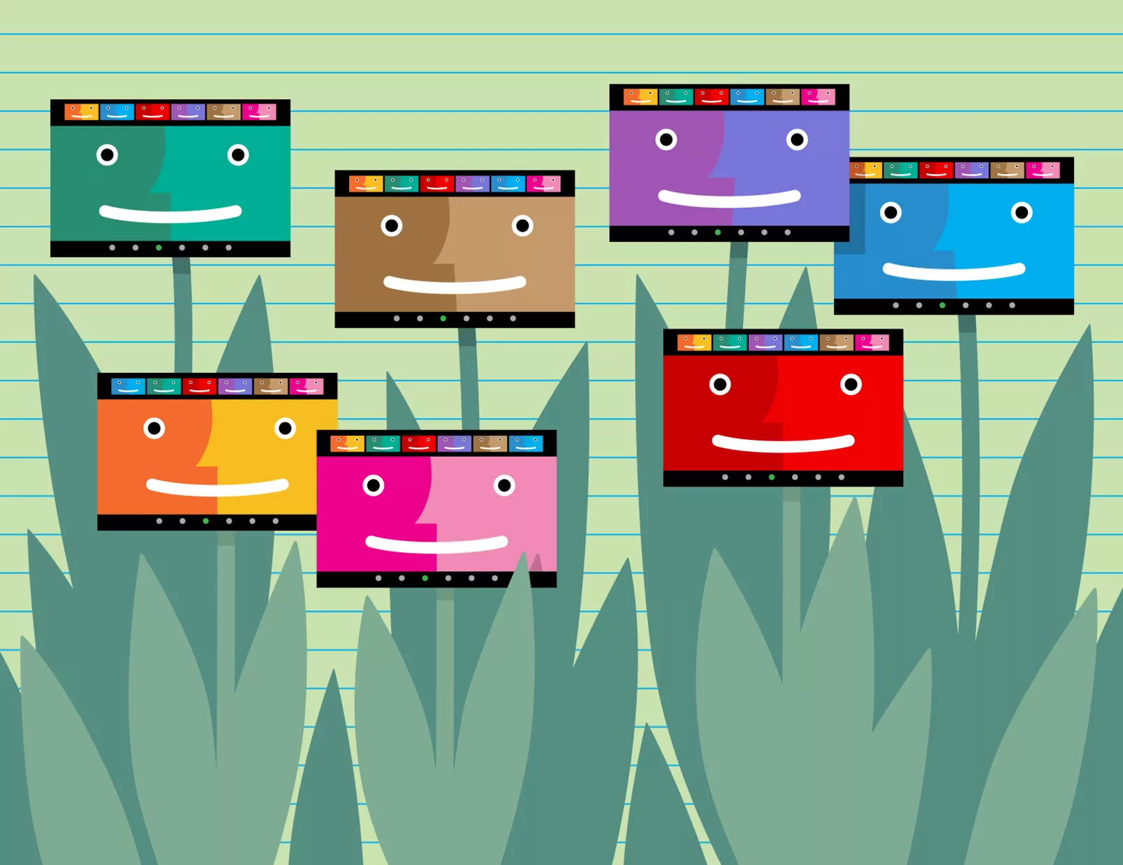 Illustration of tulip leaves with smiling computer screens on their stems