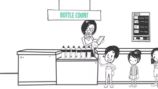 line drawing of teacher and students in classroom counting bottles