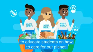 Animated image of three students with bags of recycling