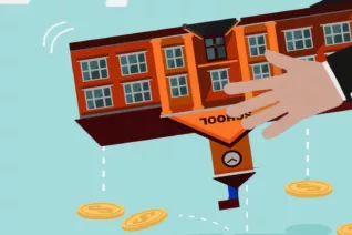 A school is held upside-down in the air and shaken. Money is falling out of the school