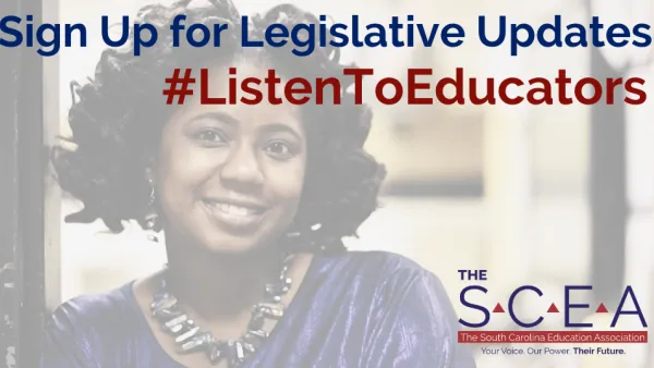 "Sign up for Legislative Updates" appears over a picture of a teacher leaning in her classroom door.