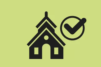graphic of schoolhouse with a checkmark next to it