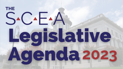 A picture of the South Carolina Statehouse is in the background. In front is The SCEA logo in blue and red and the text "Legislative Agenda" in blue and "2023" in red.
