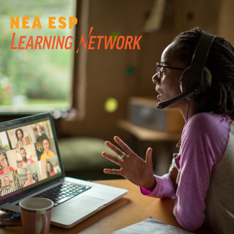 A photo of woman interacting with colleagues on zoom with the ESP Learning Network logo overlay